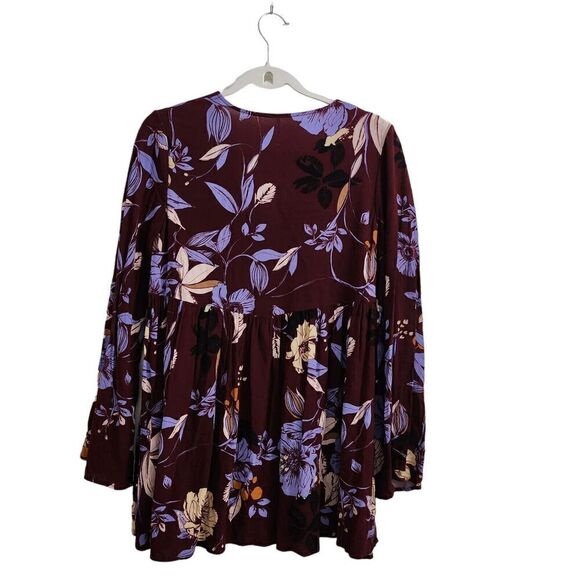 Free People Blouse Small Purple Floral Bella Tunic Top Bell‎ Sleeve Flowy Boho - Picture 8 of 11